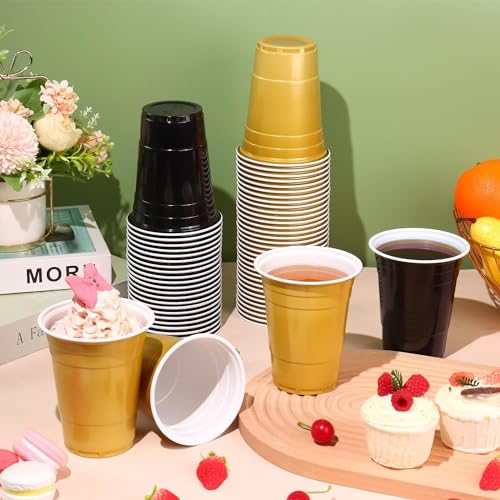 Black & Gold Disposable Plastic Cups 16oz - 100 Pack for Parties & Events
