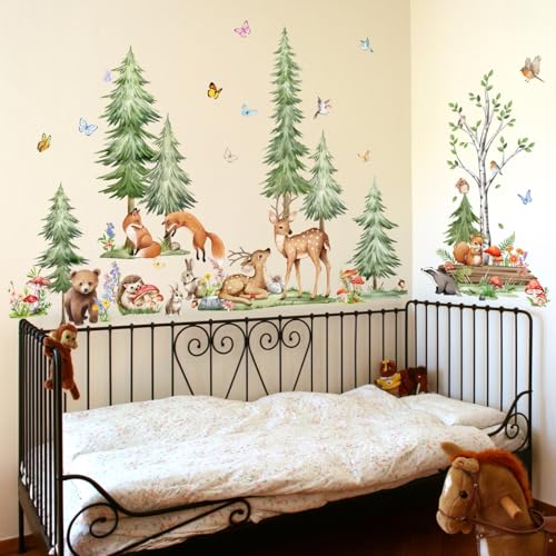 Woodland Tree Fall Pine Tree Wall Stickers with Forest Animals - Removable Home Decor