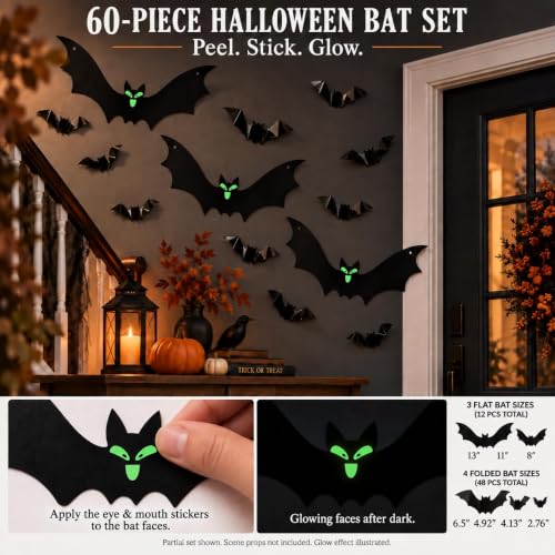 Halloween Bat Ceiling Decoration Kit - 65 Pcs Indoor Wall Hanging & Wall Stickers