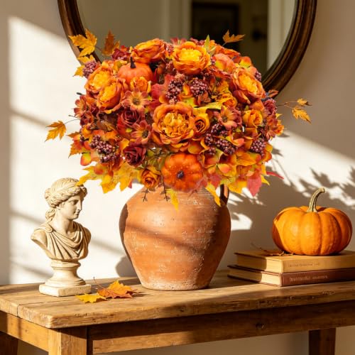 Artificial Fall Flowers with Pumpkins - Orange 3-Pack Fall Decorations for Table