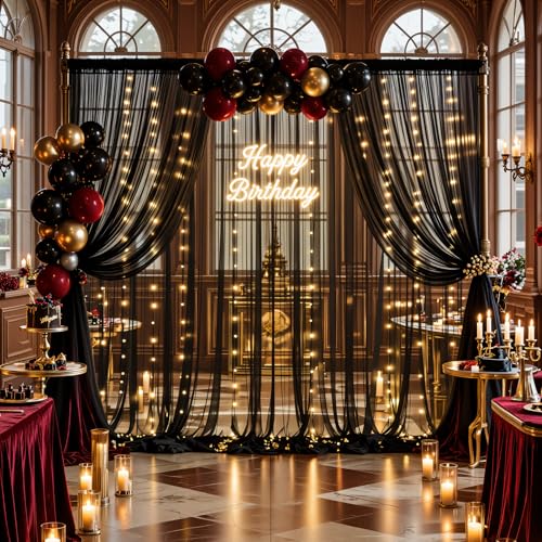 Black Sheer Backdrop Curtains with String Lights for Parties & Photos 10x15ft - 2 Panels