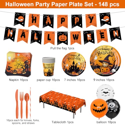 Halloween Party Supplies Plates Cups Spoons Forks Tablecloth Banner 24 Pieces - Halloween Style