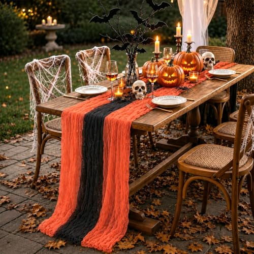 Halloween Cheesecloth Table Runner Set - Black and Orange, 120 x 35 Inch, 3 Pack