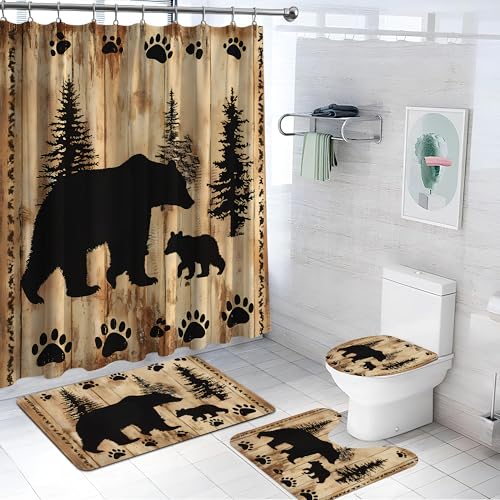 Rustic Bear Shower Curtain Set - Nursery Farmhouse Bathroom Decor with Bath Mat & Toilet Cover - Black Bear Woodland Theme - Variation of THIS listing