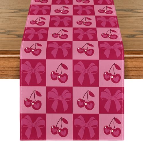 Cherry Bowknot Table Runner 13x60 Inch Pink Red Valentine Home Decor