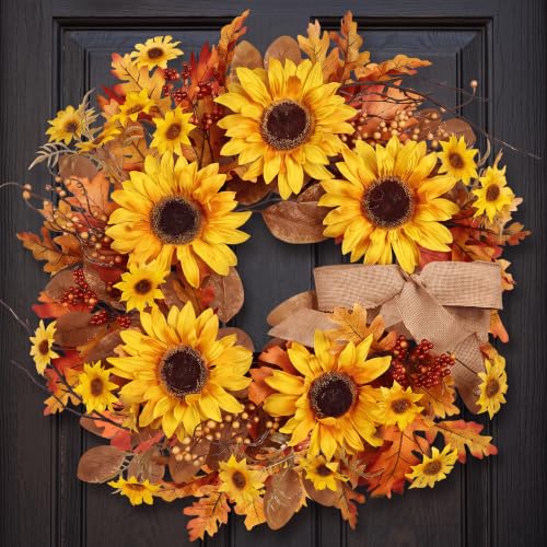 Sunflower Fall Wreath for Front Door - 24 Inch with Red Variation