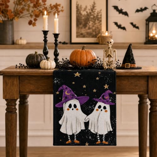Halloween Table Runner 90 Inches - Black Ghosts Cats Witch Hats Web Decor