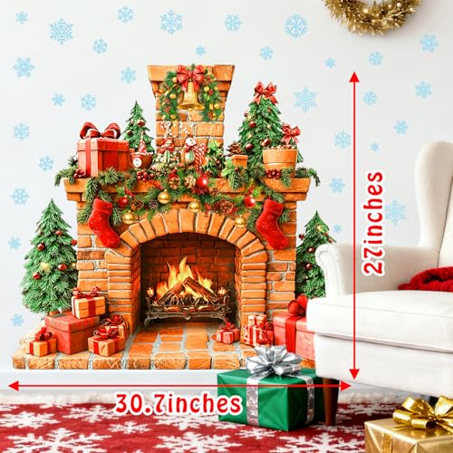 Christmas Fireplace Wall Decals - Snowflakes & Winter Tree Stickers - Removable Holiday Mural - Fireplace Variation