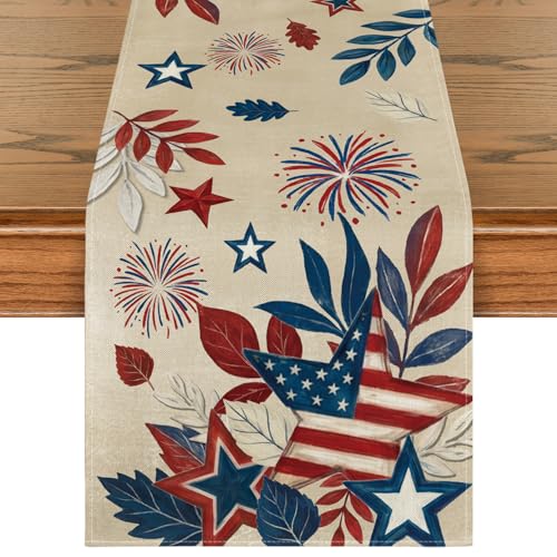 American Flag Fireworks Table Runner 13x60 Inch - 4th of July Memorial Day Home Decor