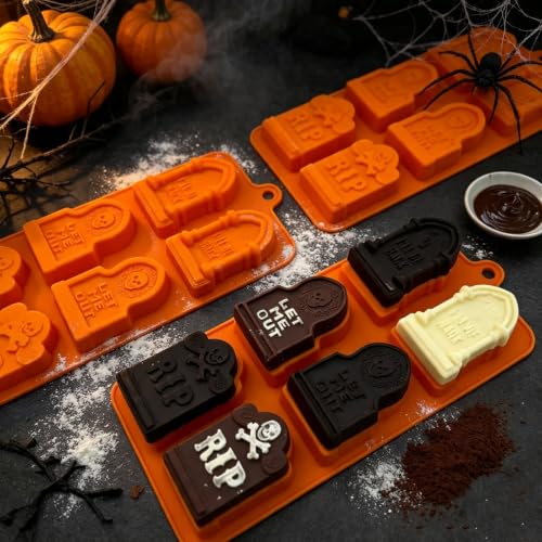 Halloween Tombstone Silicone Mold - Orange, 3-Piece Graveyard Candy & Ice Cube Trays