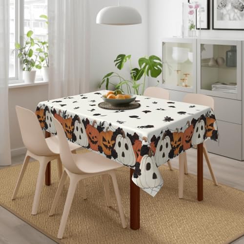 Halloween Rectangular Tablecloth 60x84 Inch White Pumpkin Floral Leaves Decor