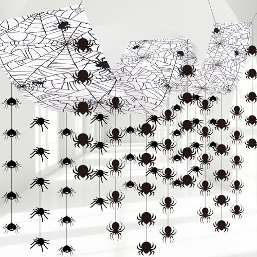 Halloween Spider Web Decorations Set - Hanging Spider Banners & Ornaments