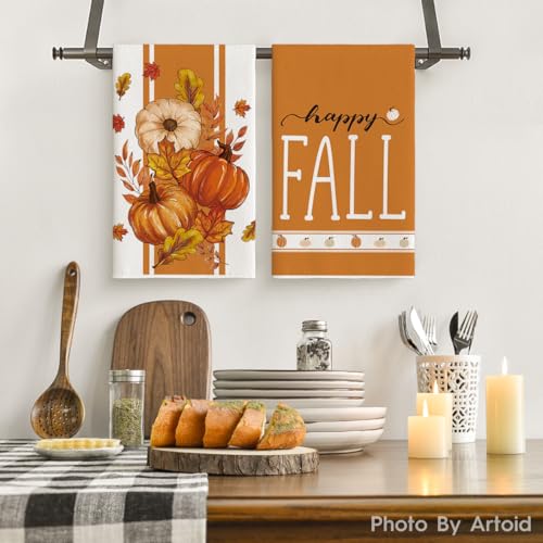 Pumpkin Fall Kitchen Towels Set of 4 - 18x26 Inch Orange Stripes