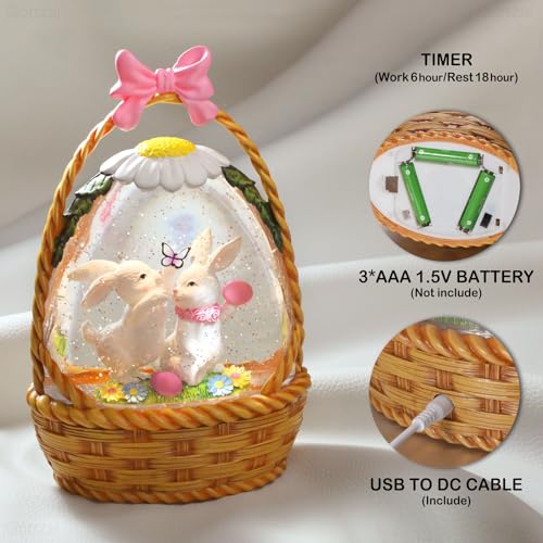 Easter Snow Globe Lantern with Bunny Basket & Egg - Swirling Glitter, Timer, USB/Battery