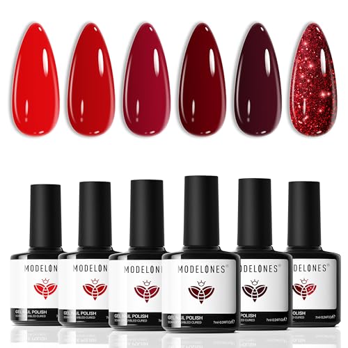 Gel Nail Polish Set Glitter Sparkle 6 Colors - Modelones A1 Classic Red Variation