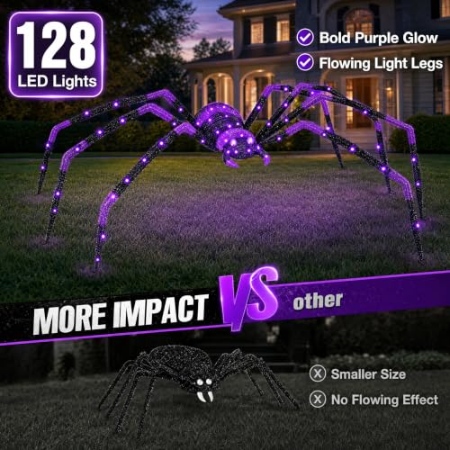 6.8 Ft Outdoor Halloween Giant Spider with 128 Purple LED Lights for Yard & Haunted House