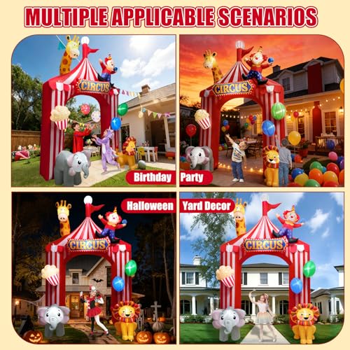 10FT Circus Party Inflatable Arch Outdoor Decoration with LED Lights - Red & White Tent Design, Animal Motifs, Easy Setup