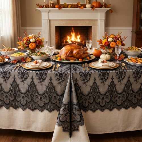 Black Lace Tablecloth 60x120 Inches - 2 Pack Wedding & Party Overlay, Rectangular
