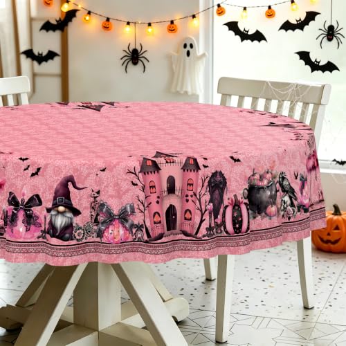 Elegant Pink Halloween Round Tablecloth 60 Inch Waterproof Spooky Decorations
