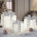 Christmas Lighted Gift Boxes Set of 3 - Silver, 140 LEDs, 8 Modes, Timer - Elegant Holiday Decor