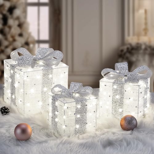Christmas Lighted Gift Boxes Set of 3 - Silver, 140 LEDs, 8 Modes, Timer - Elegant Holiday Decor