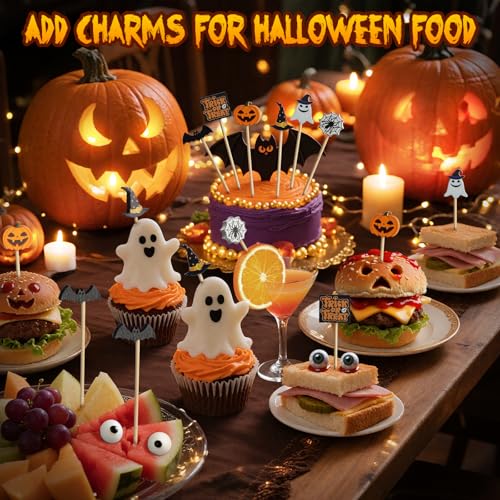 Halloween Cocktail Picks Set - 6 Unique Bamboo Toothpick Decorations for Parties