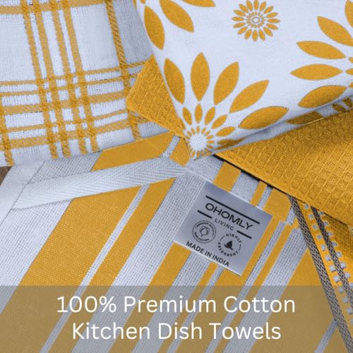 Kitchen Towels Set of 5 - 100% Cotton Dish Cloths with Hanging Loop - Mustard Yellow