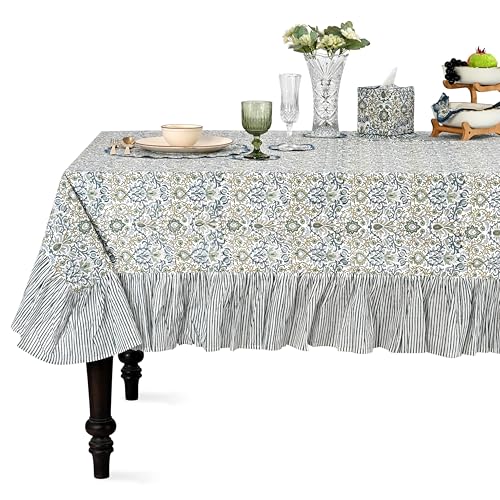 Ridhi Indigo Blue Ruffle Hand Block Print Cotton Tablecloth 70x108 in - Rectangular