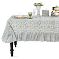 Ridhi Indigo Blue Ruffle Hand Block Print Cotton Tablecloth 70x108 in - Rectangular
