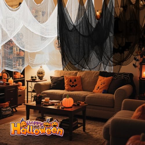 Halloween Creepy Cloth Set - Black & White Gauze Fabric 200x40 Inches - Spooky Outdoor Indoor Decorations - Variation: 40x200in / Black+White
