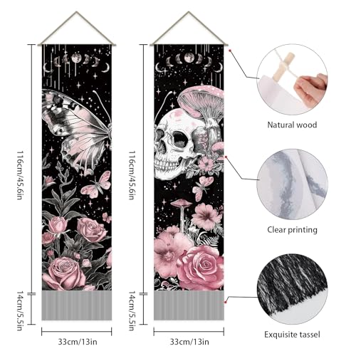 Butterfly Skull Tapestry Set - Pink & Black Moon Phase Wall Hanging for Bedroom Decor