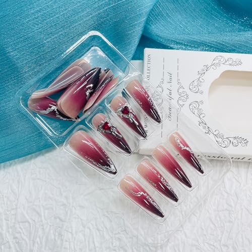 Halloween Long Stiletto Fake Nails with Red Rhinestones & Designs - Black & Red Gradient, 24 Pack - Variation 4