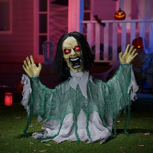 Halloween Outdoor Zombie Groundbreaker Decoration with Motion & Lights - Green & Gray, 39 Inches