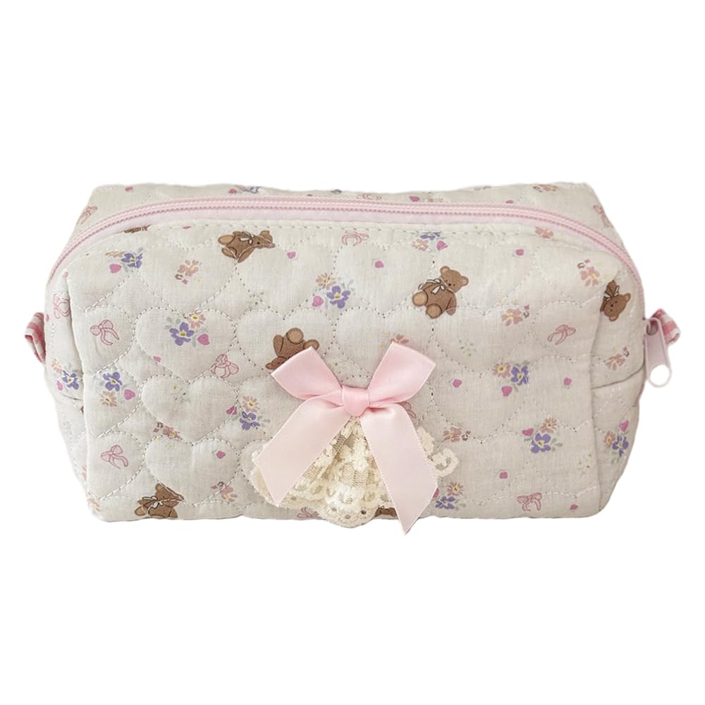 WELLRI Quilted Makeup Bag Small Cosmetic Pouch Cute Bow Floral Coquette Aesthetic Travel Organizer Toiletry Bag for Women and Girls (Teddy Bear)