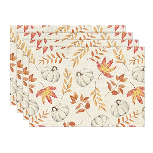 Maple Leaf Pumpkins Fall Placemats Set of 4 - 12 x 18 Inch Beige & Orange