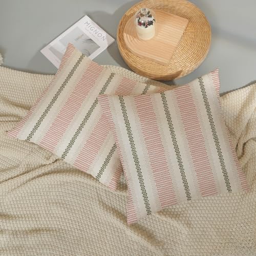 22x22 Inch Boho Pillow Covers Set of 2 - Pink Sage Green Linen Throw Pillows