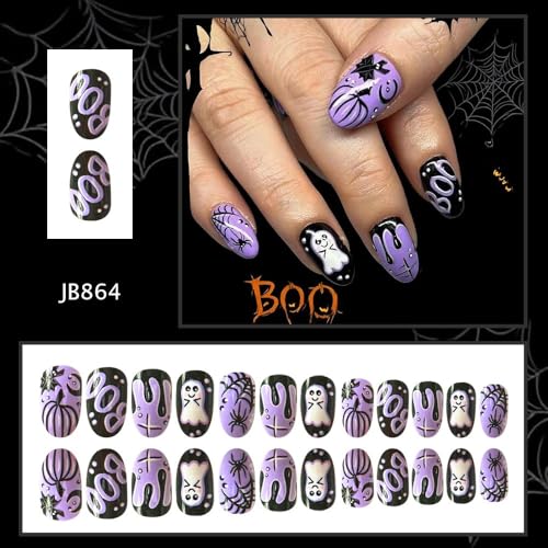 OCOUYVD Halloween Short Almond Fake Nails with Ghost & Pumpkin Design - 24PCS Variation 59