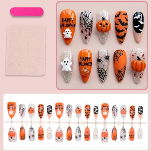 Halloween Press On Nails with 3D Pumpkin Glitter Spider Web Bat Design - Medium Almond Fake Nails, 24 Pieces