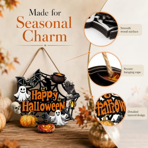 Halloween Wooden Ghost Wreath for Front Door & Wall Decor - Pumpkin Bat Witch Design