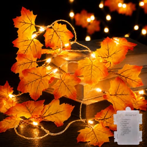 Fall Maple Leaf String Lights - 14.7FT 40 LED Battery-Operated Autumn Garland with Timer
