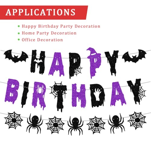 Halloween Birthday Banner Glitter Black & Violet with Spider Bats Decor