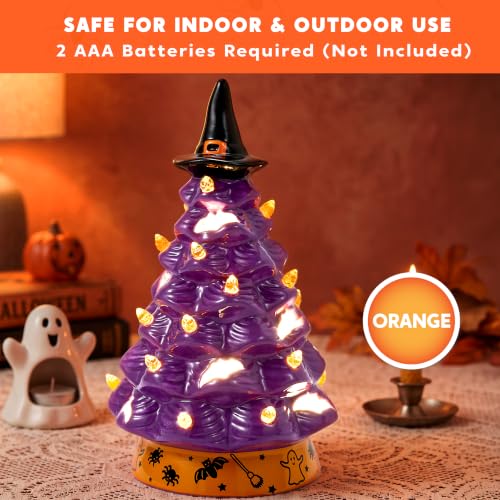 Purple Halloween Ceramic Tree with Bat Cutouts and LED Light - 8.5 Inch Witch Hat Decor