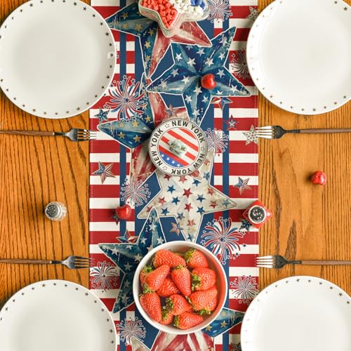 Patriotic American Flag Stars Table Runner - 13x72 Inch Red 4th of July Decor