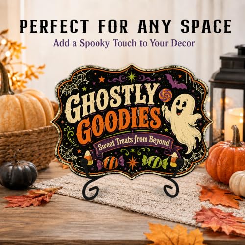 Halloween Candy Buffet Wooden Sign - Ghostly Goodies & Treats - 5x7 Inches with Stand - Festive Fall Decor - A01