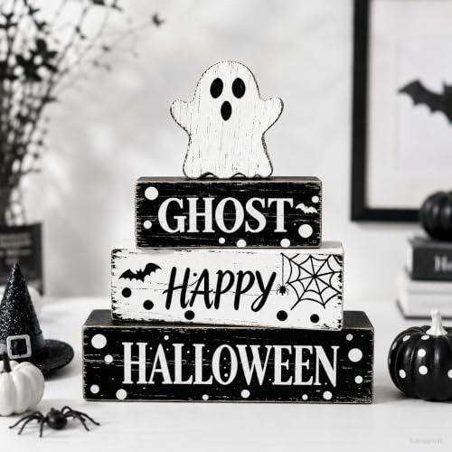 Ghost Halloween Table Decor Set - Wooden Whimsical Spooky Indoor Halloween Decoration with Boo Variation