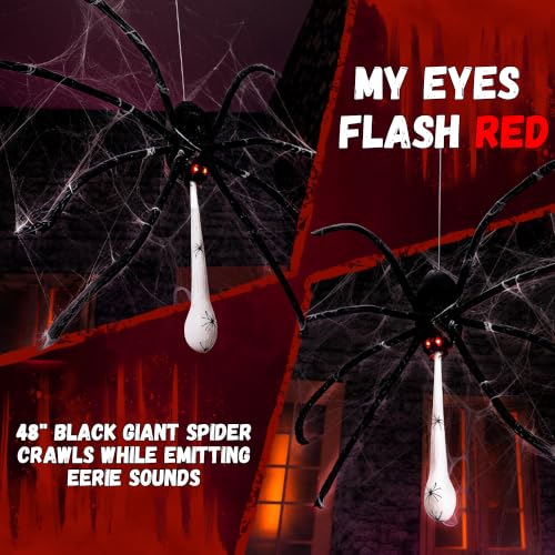 Floating Giant Spider Halloween Decoration with Glowing Eyes & Sound - 48 Inch Haunted House Prop