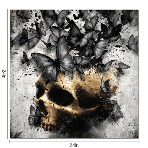 Grey Skull Wall Art with Butterfly - Gothic Room Decor 24x24 Inch Frame