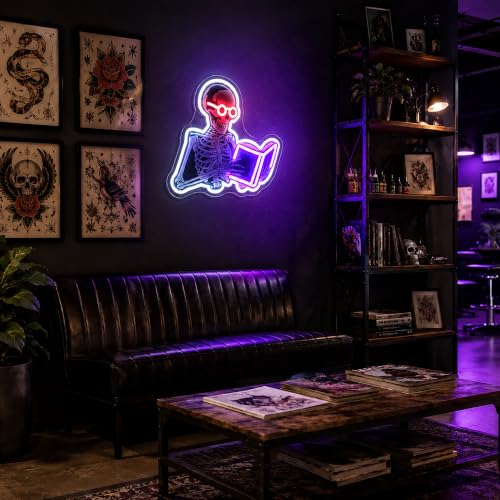Reading Skeleton Neon Sign - Spooky Book Lover Wall Decor, Halloween Neon Light