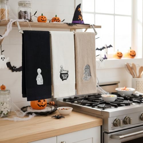 Cotton Skeleton Bathroom Towels Set - Halloween Gothic Hand Towels, 3 Pieces