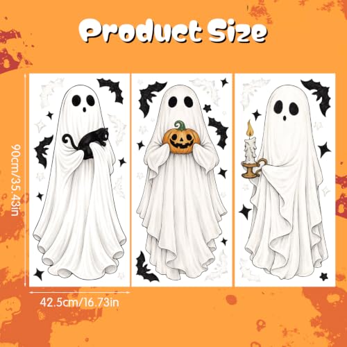Halloween Ghost Window Clings - Extra Large Spooky Bats, Cats & Pumpkins, 3 Sheets, Indoor Outdoor Decorations - Variation: Ghost